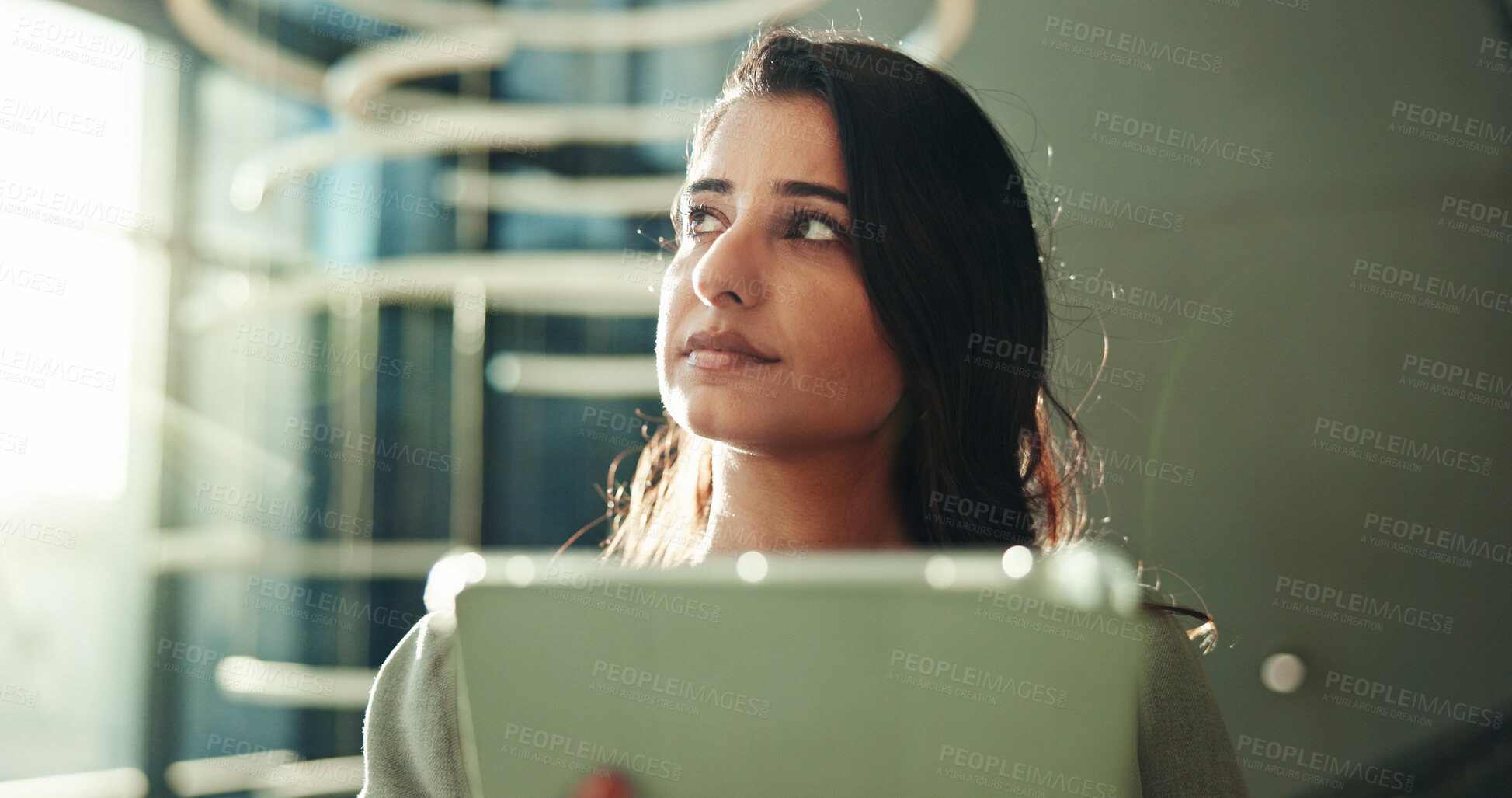 Buy stock photo Lobby, business woman and thinking with tablet for report, schedule information or conference planning. Seminar, employee and speaker feedback with idea for networking, research and online review