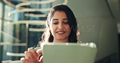 Buy stock photo Smile, tablet and business woman in office to check email for compliance update, research or review. Digital technology, employee and reading report for regulations, policy and work schedule online