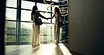 Smile, business and women with handshake in office for welcome, greeting and introduction at seminar. Happy, people and shaking hands for partnership, b2b agreement and congratulations of opportunity