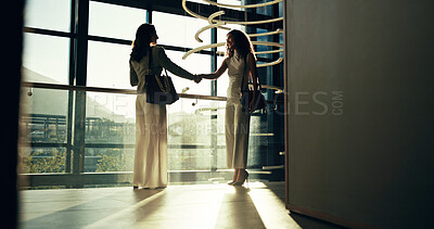 Buy stock photo Smile, business and women with handshake in office for welcome, greeting and introduction at seminar. Happy, people and shaking hands for partnership, b2b agreement and congratulations of opportunity