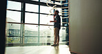 Phone call, office and business man in lobby in discussion for appointment, meeting schedule and chatting. Professional, corporate and person on smartphone for conversation, talking and networking