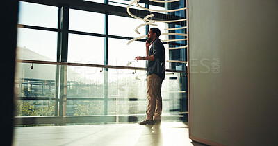 Buy stock photo Phone call, office and business man in lobby in discussion for appointment, schedule and contact. Professional worker, corporate and person on smartphone for conversation, connection and networking