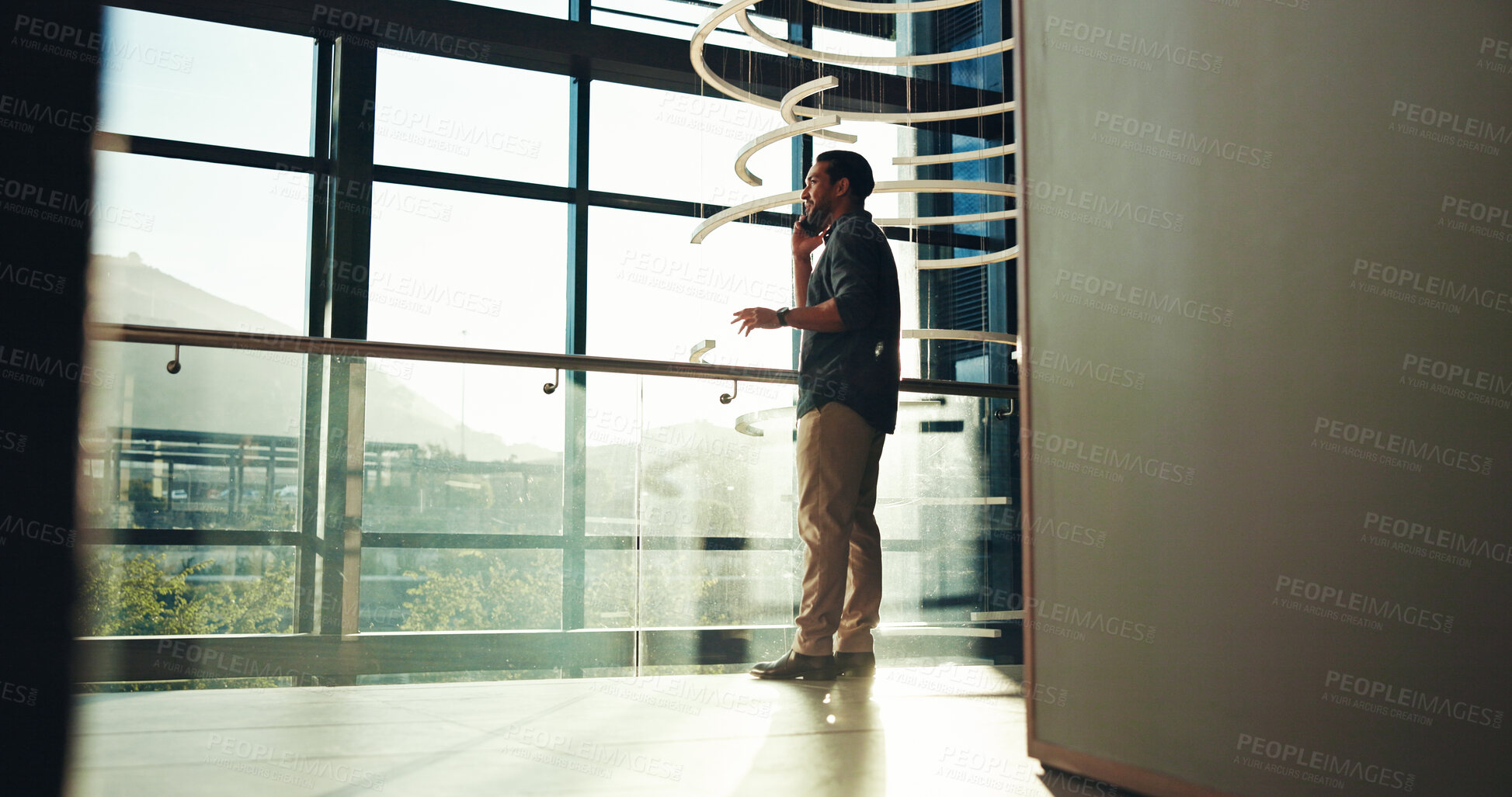 Buy stock photo Phone call, office and business man in lobby in discussion for appointment, schedule and contact. Professional worker, corporate and person on smartphone for conversation, connection and networking