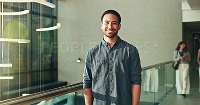 Buy stock photo Happy, business and man with portrait in lobby for career pride, about us and financial conference. Smile, male person and consultant with ambition, corporate event and finance opportunity at venture