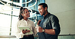 Talking, welcome or business people on tablet in lobby for schedule, meeting or accounting proposal. Financial advisor, finance analyst or project agenda for budget report, funding review or feedback