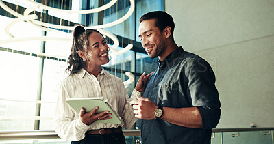Buy stock photo Talking, welcome or business people on tablet in lobby for schedule, meeting or accounting proposal. Financial advisor, finance analyst or project agenda for budget report, funding review or feedback