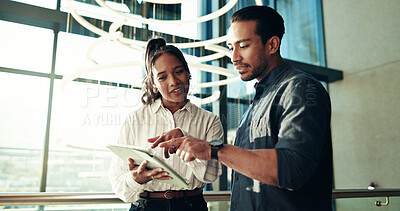 Buy stock photo Office, online and people with tablet, discussion and colleagues with ideas on web and collaboration. Pointing, man and woman with tech for project, teamwork and planning for ad campaign in business