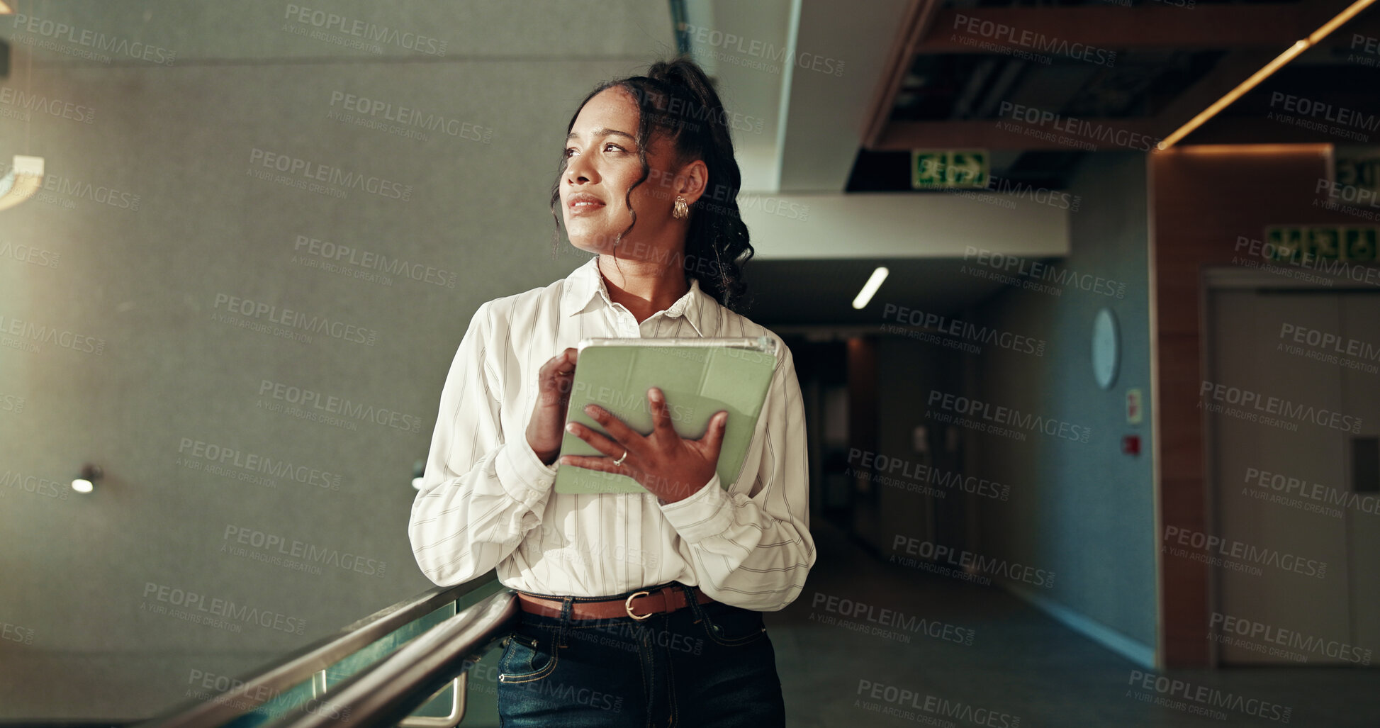 Buy stock photo Thinking, employee and woman with tablet, confident and ideas for listing on website, realtor or vision. Real estate, agent and person with tech for sales strategy, contemplating or planning with app