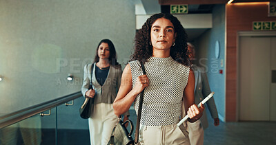 Buy stock photo Serious, walking and business woman in office with tablet for appointment, project deadline or meeting. People, proud fashion designer or female employees in workplace lobby with creative opportunity