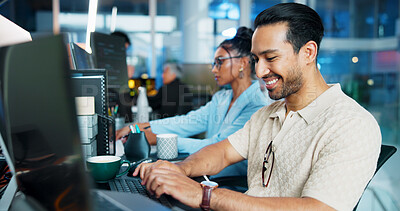 Buy stock photo Office, businessman and typing with computer for coding, web development and smile with deadline. Coworking, night and male programmer with digital for programming, software update and information