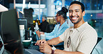Office, businessman and portrait with computer for coding, web development and smile with confidence. Coworking, night and male programmer with digital for programming, software update or information