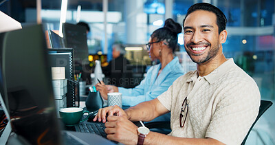 Buy stock photo Office, businessman and portrait with computer for coding, web development and smile with deadline. Coworking, night and male programmer with digital for programming, software update or information