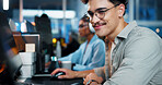 Office, businessman and glasses with computer for coding, web development and smile with confidence. Coworking, night and male programmer with digital for programming, software update and information