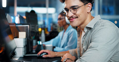 Buy stock photo Office, businessman and glasses with computer for coding, web development and smile with confidence. Coworking, night and male programmer with digital for programming, software update and information