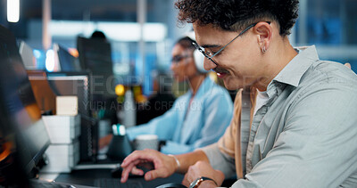 Buy stock photo Office, businessman and typing with computer for programming, web development and smile. Coworking, night and male programmer with technology for professional coding, software update and information