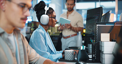 Buy stock photo Coworking space, creative and business people with computer, programming and system management. Web design, coding and engineering team in office together for online software development at startup