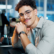 Office, businessman and portrait with computer for programming, web ...