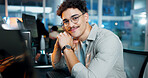 Office, businessman and portrait with computer for programming, web development and smile. Professional career, night and male programmer with technology for coding, software update and information
