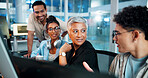 Office, programmer and group with computer, brainstorming and discussion for algorithm on website. Collaboration, colleagues and people with technology for new code, talking and planning with system
