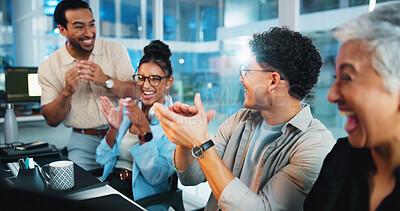 Buy stock photo Office, business people and excited with applause for celebration, motivation and developer team. Night, collaboration and programmers with clapping hands for success, support and happy for project