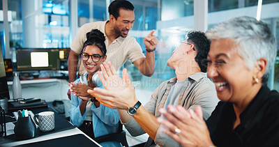 Buy stock photo Office, business people and computer with applause for celebration, motivation and coding team. Night, collaboration and programmers with clapping hands for programming success, support and excited