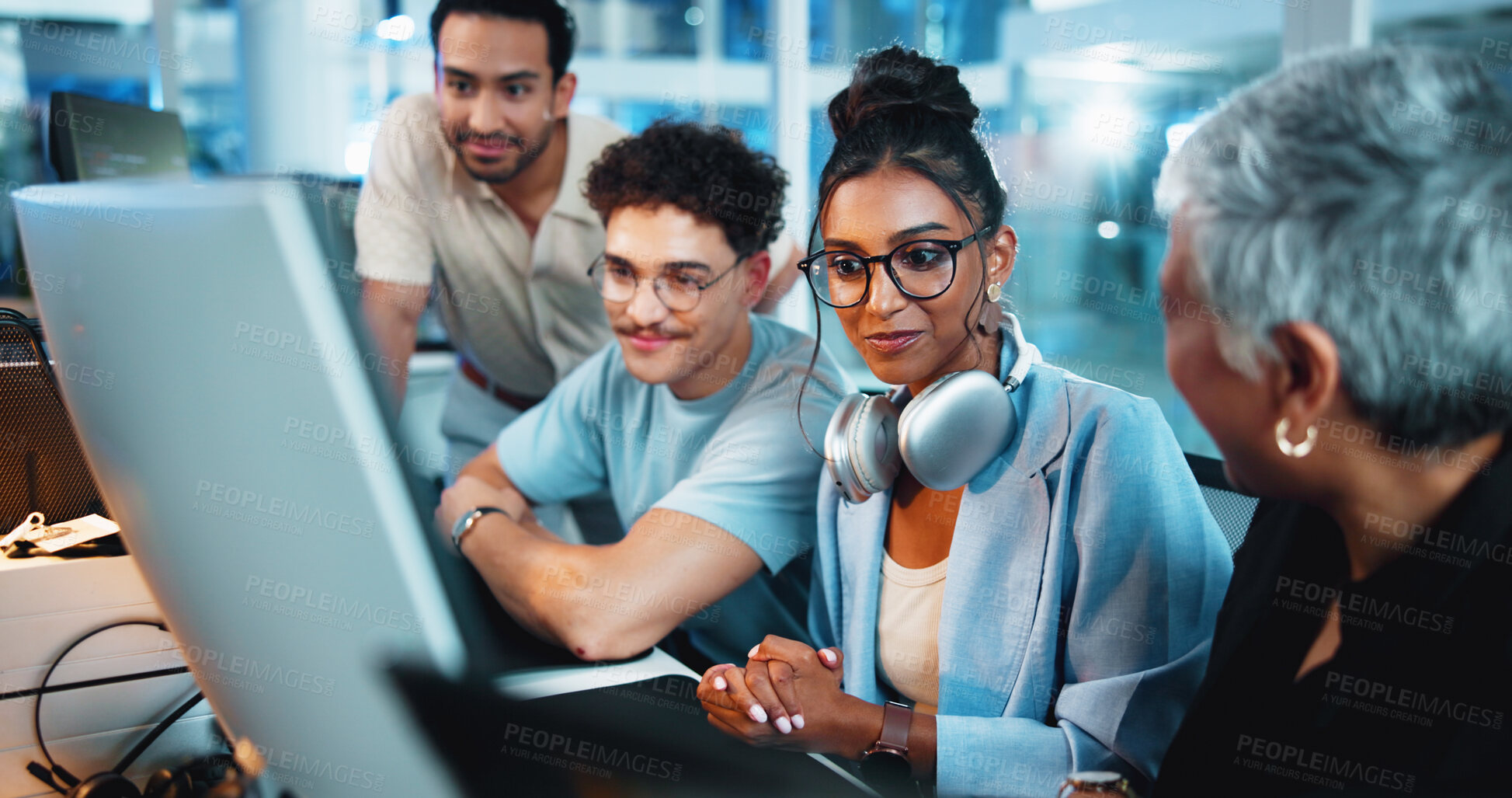 Buy stock photo Office, programmer and group with computer, discussion and brainstorming for algorithm on website. Collaboration, colleagues and people with technology for new code, talking and planning with system