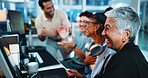 Office, computer and businesswoman with applause for celebration, motivation and coding team. Night, collaboration and mature programmer with success for programming, support and excited for goal