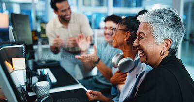 Buy stock photo Office, computer and businesswoman with applause for celebration, motivation and coding team. Night, collaboration and mature programmer with success for programming, support and excited for goal