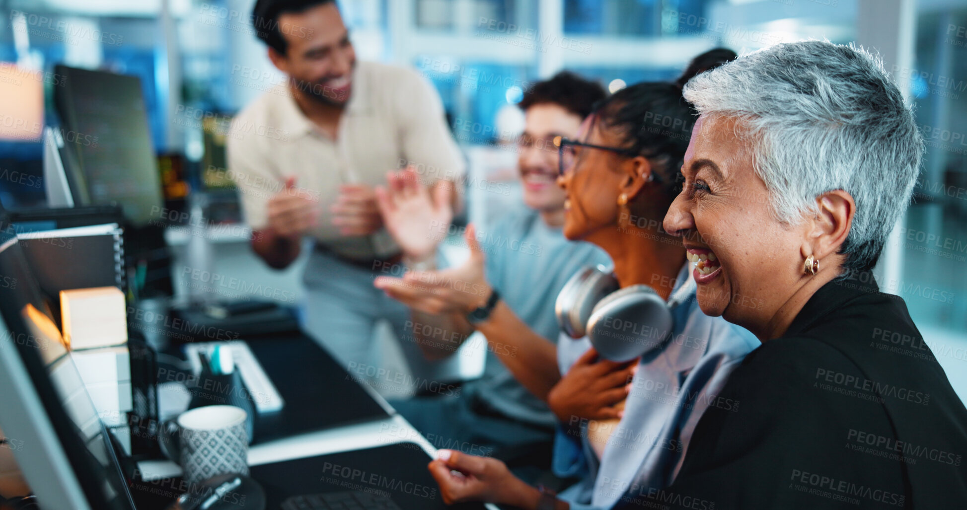 Buy stock photo Office, computer and businesswoman with applause for celebration, motivation and coding team. Night, collaboration and mature programmer with success for programming, support and excited for goal
