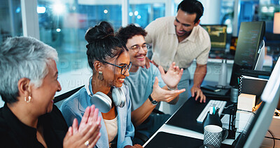 Buy stock photo Office, computer and businesswoman with applause for achievement, motivation and coding team. Night, collaboration and programmer with success for programming goal, celebrate and excited for clapping