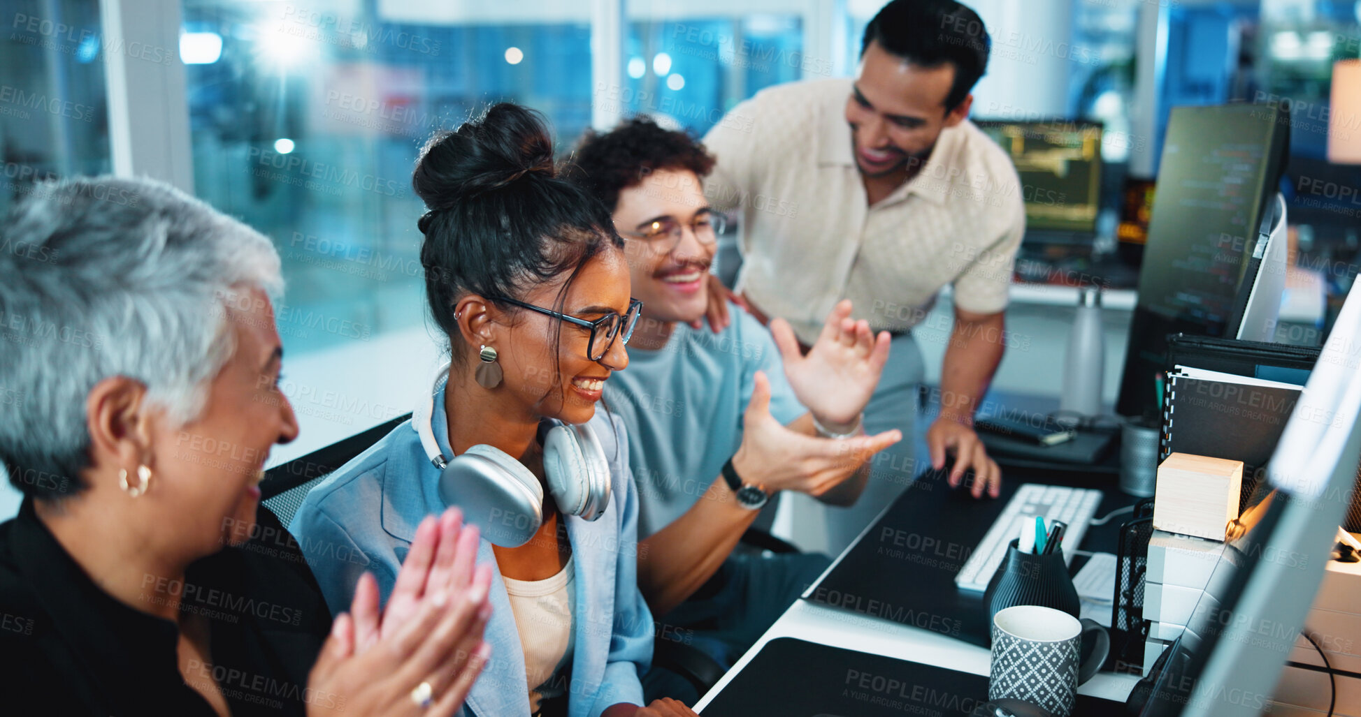 Buy stock photo Office, computer and businesswoman with applause for achievement, motivation and coding team. Night, collaboration and programmer with success for programming goal, celebrate and excited for clapping