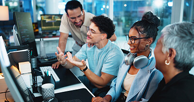 Buy stock photo Laughing, programmer and group with computer, discussion and brainstorming for algorithm on website. Collaboration, colleagues and people with technology for new code, talking or planning with system