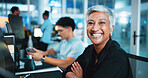 Office, happy woman and portrait with computer for programming, web development and pride. Career, night and mature programmer with digital for coding, software update and arms crossed for business