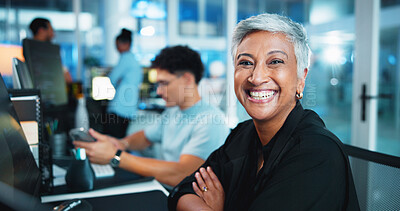 Buy stock photo Office, happy woman and portrait with computer for programming, web development and pride. Career, night and mature programmer with digital for coding, software update and arms crossed for business