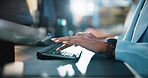 Office, hands and typing with computer for programming, web development and research. Business career, night and programmer with keyboard for coding, software update or professional person in closeup