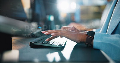 Buy stock photo Office, hands and typing with computer for programming, web development and research. Business career, night and programmer with keyboard for coding, software update or professional person in closeup