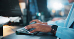 Office, hands and typing with computer for coding, web development and research. Business career, night and programmer with keyboard for programming, software update or professional person in closeup