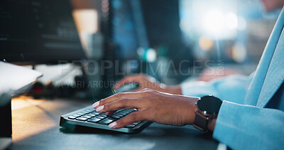 Buy stock photo Office, hands and typing with computer for coding, web development and research. Business career, night and programmer with keyboard for programming, software update or professional person in closeup