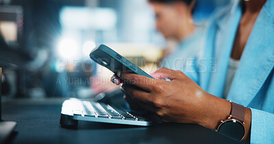 Buy stock photo Office, hands and online with smartphone for chat, digital conversation and connection for contact. Flare, business person and worker on break with mobile, app and social media for typing in closeup