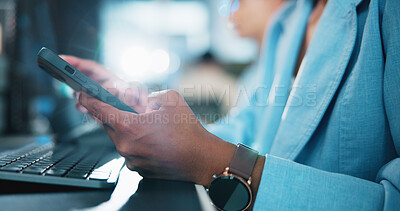 Buy stock photo Office, hands and keyboard with smartphone for chat, online conversation and connection for contact. Flare, business person and worker on break with mobile, app and social media for scroll in closeup