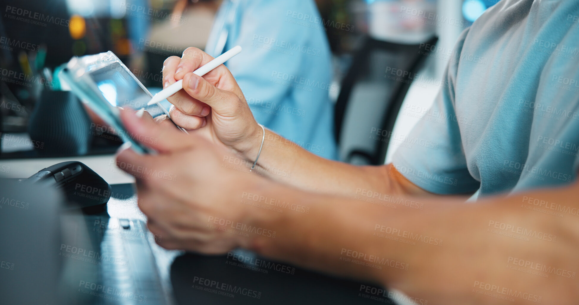 Buy stock photo Tablet, programmer and stylus with hands of person in office for game designer, coding app and ux update. Software development, graphics upgrade and level gameplay with closeup of employee in agency