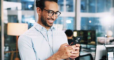 Buy stock photo Business, coding and man in office, cellphone and software developer with digital app testing. Happy, employee and professional with smartphone, info tech and programmer with AI expert and connection