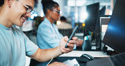 Buy stock photo Computer, businessman and programmer with smartphone in office, coding software and download app. Coworking, male person and developer with mobile for web analytics, seo update and typing on break   