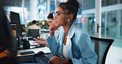 Buy stock photo Thinking, programmer and woman with computer, office and serious for project on website, reading and online. Contemplating, coder and person with tech for algorithm, confident and innovative solution