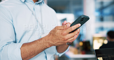 Buy stock photo Business, hands and man in office, smartphone and message to contact, programming and email. Closeup, person and employee in workplace, cellphone and coding with digital app, connection and internet