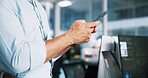 Business, hands and man in office, cellphone and message to contact, programming and internet. Closeup, person and employee in workplace, smartphone and coding with app, connection and website info