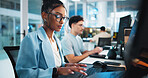 Computer, programmer and research with woman in office for game designer, coding app and ux update. Software development, graphics upgrade and level gameplay with employee in agency for project