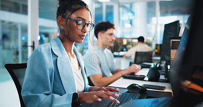 Buy stock photo Computer, programmer and research with woman in office for game designer, coding app and ux update. Software development, graphics upgrade and level gameplay with employee in coworking agency