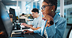 Computer, programmer and thinking with woman in office for game designer, coding idea and ux update. Software development, reflection and level gameplay with employee in agency for developer project