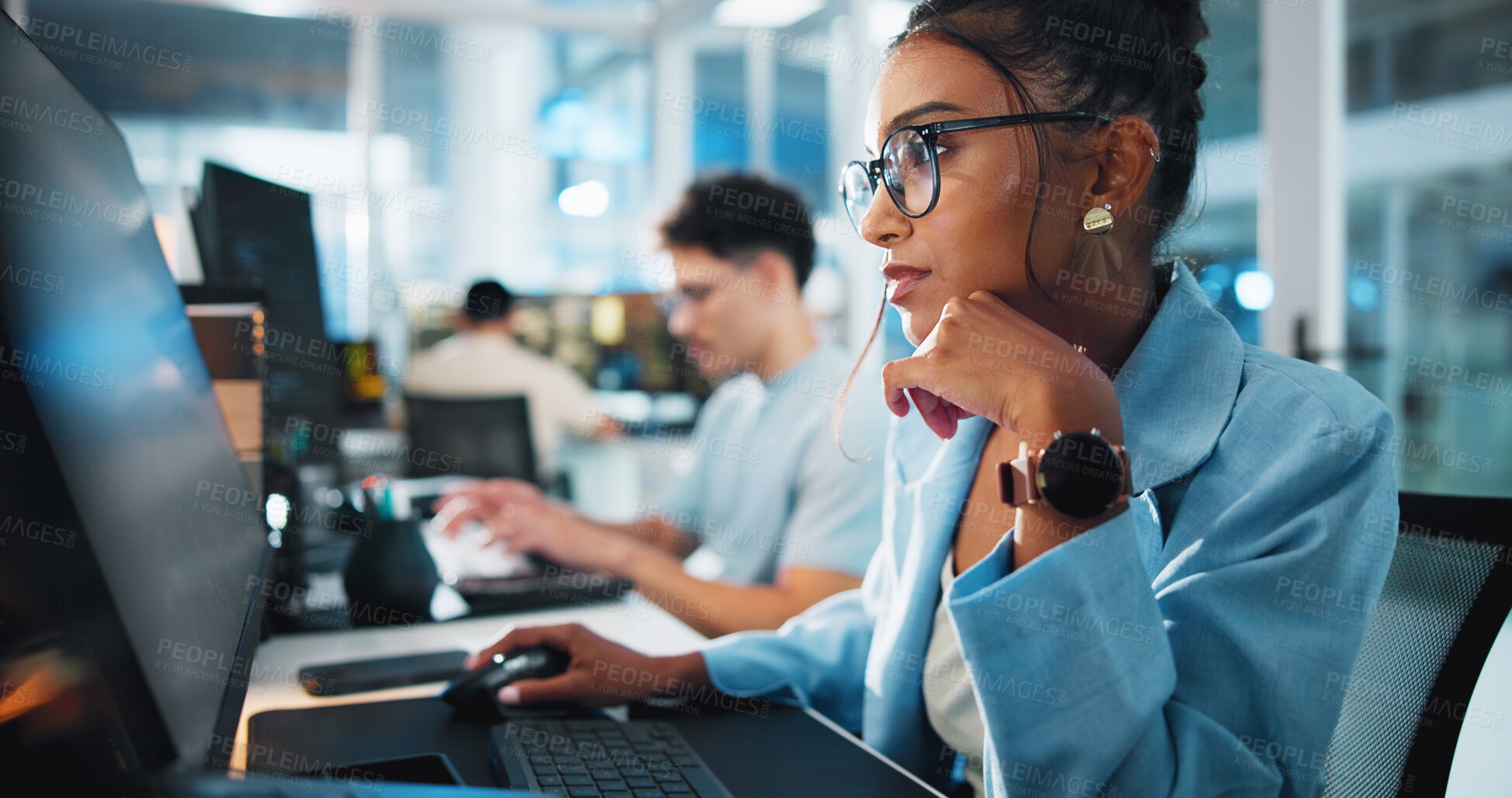 Buy stock photo Computer, programmer and thinking with woman in office for game designer, coding idea and ux update. Software development, reflection and level gameplay with employee in agency for coworking project